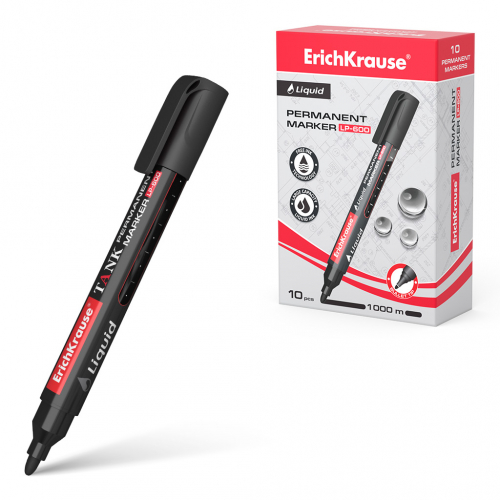 Перманентный маркер с жидкими чернилами ErichKrause® Liquid LP-600, цвет чернил черный (в коробке по 10 шт.)
