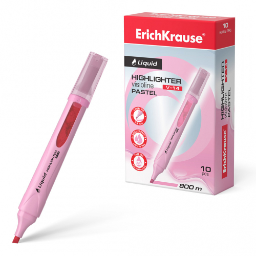 Текстмаркер с жидкими чернилами  ErichKrause® Liquid Visioline V-14 Pastel, цвет чернил розовый (в коробке по 10 шт.)