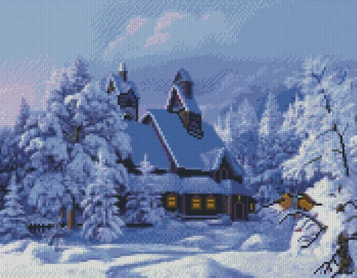 Алмазная мозаика круглыми стразами Дом в зимнем лесу