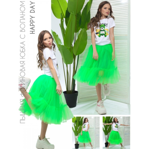 Пышная юбка с воланом ярко-зеленая