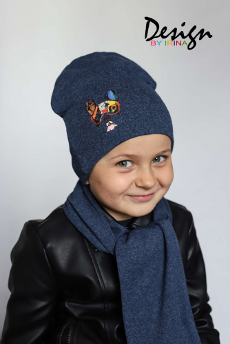 Удлиненная хлопковая шапка для мальчика «Бульдог» (джинс меланж)