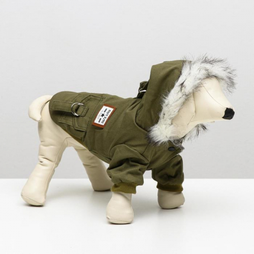 Куртка для собак с меховым капюшоном, L (ДС 30 см, ОШ 29 см, ОГ 44 см), зелёная