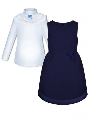 Школьная форма для девочки с белой водолазкой и синим сарафаном с бантиком