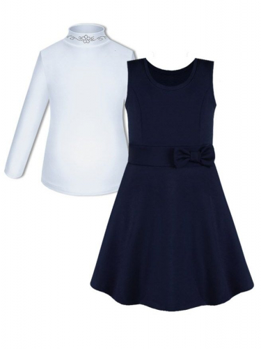 Школьный комплект для девочки с белой водолазкой (блузкой) и синим сарафаном с бантом