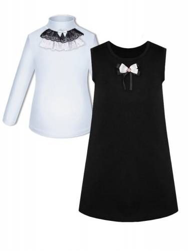 Школьный комплект для девочки с белой водолазкой (блузкой) и черным сарафаном трапеция