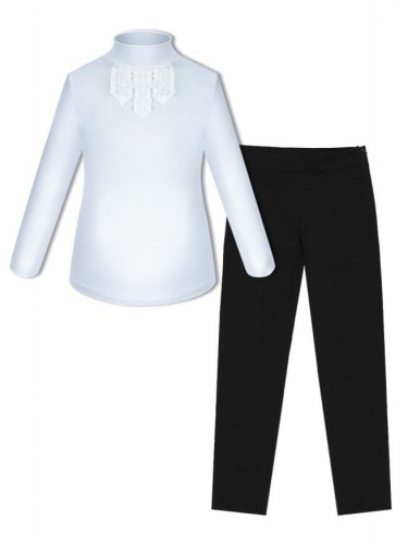 Школьная форма для девочки с белой водолазкой (блузкой) с рюшами и черными брюками