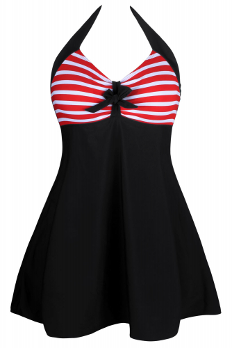 Черный с красно-белыми полосками закрытый купальник-платье