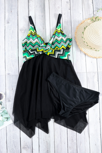 Черное асимметричное платье-купальник с зеленым красочным принтом