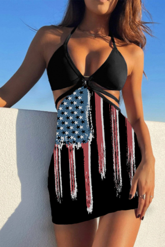Черный купальник бикини + пляжная юбка-саронг с принтом американского флага