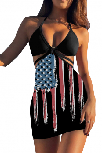 Черный купальник бикини + пляжная юбка-саронг с принтом американского флага