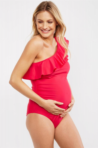 Красный слитный купальник для беременных на одно плечо и с воланом сверху