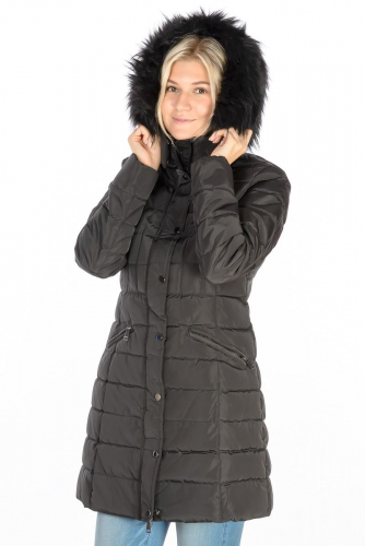 Черное пальто с мехом на капюшоне - Giupel