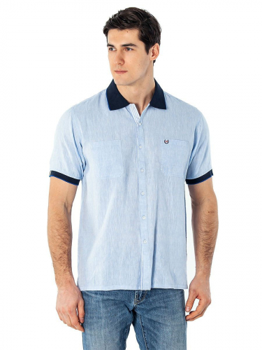 Голубая льняная рубашка с коротким рукавом - Monolith