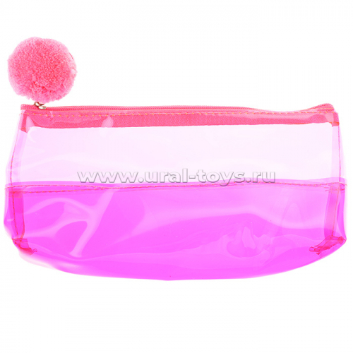 Пенал с помпоном, розовый, прозрачный пластик