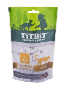 TiTBiT Хрустящие подушечки для кошек, с лососем для здоровья шерсти, 60 г