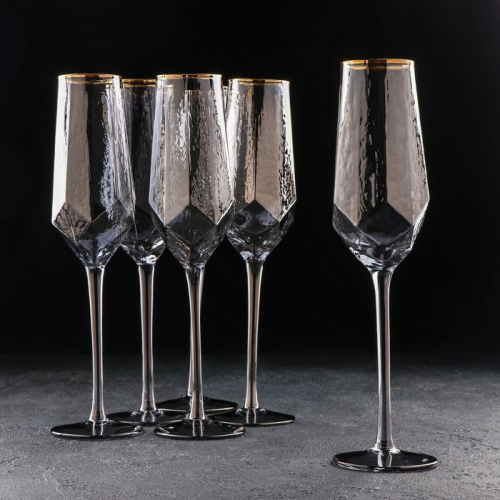 Набор бокалов стеклянных для шампанского Magistro «Дарио», 180 мл, 7×27,5 см, 6 шт, цвет графит