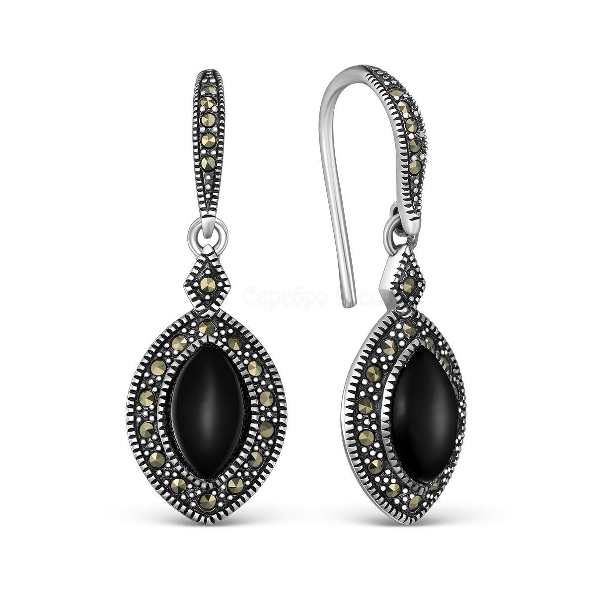 Серьги из чернёного серебра с нат. ониксом и марказитами 925 пробы ME01237BX-V2