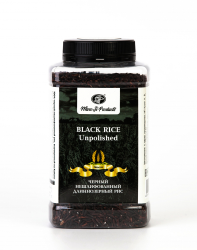 Черный нешлифованный длиннозерный рис «BLACK RICE Unpolished», Россия / 800 г / пласт. банка / Marc Ji Products™