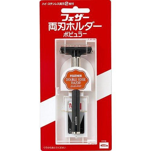 Станок для бритья Классический Т-образный Feather Popular (+ 2 двусторонних лезвия, Pillar Box) в пенале (Япония)