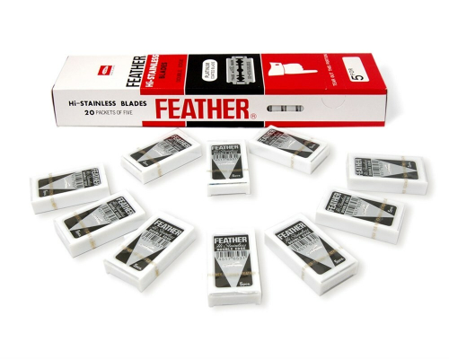 Лезвия для бритья классические двусторонние Feather Platinum Hi-Stainless 5шт. (20X5шт. =100 лезвий) в картонном блоке (Pillar Box.)