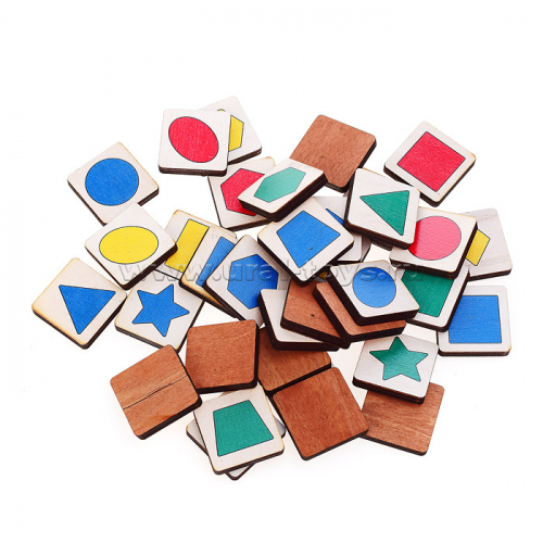 Развивающее ЛОТО. Формы и цвета (36 деревянных фишек + 6 карточек + мешочек)