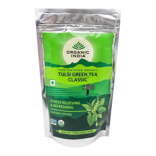 ORGANIC INDIA Green tea Tulsi Зеленый чай Тулси для повышения общего тонуса организма и иммунитета 100г