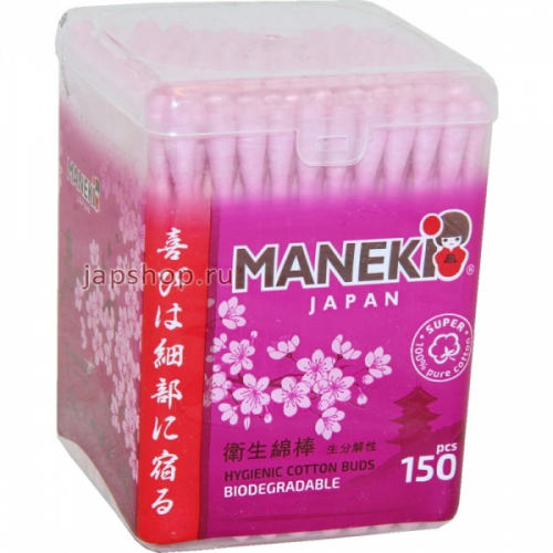 Maneki Sakura Палочки ватные гигиенические с розовым бумажным стиком, пластиковая коробка, 150 шт (4895228901125)