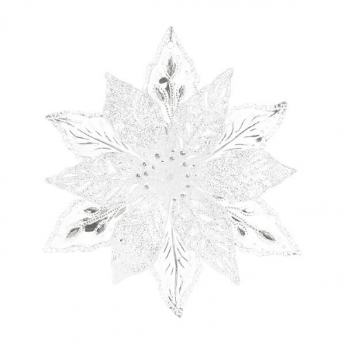 Пуансеттия прозрачная со снежным и серебряным декором11,8х2х13 см