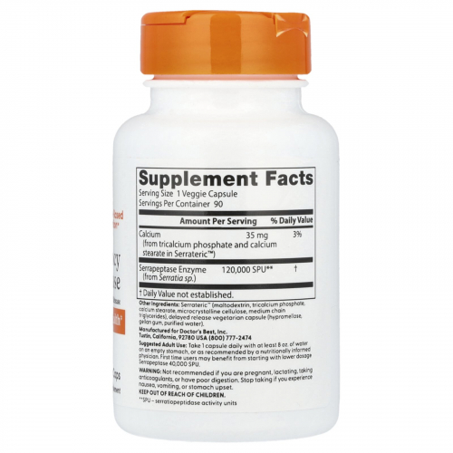 Doctor's Best, серрапептаза высокой эффективности, 120 000 SPU, вегетарианские капсулы 