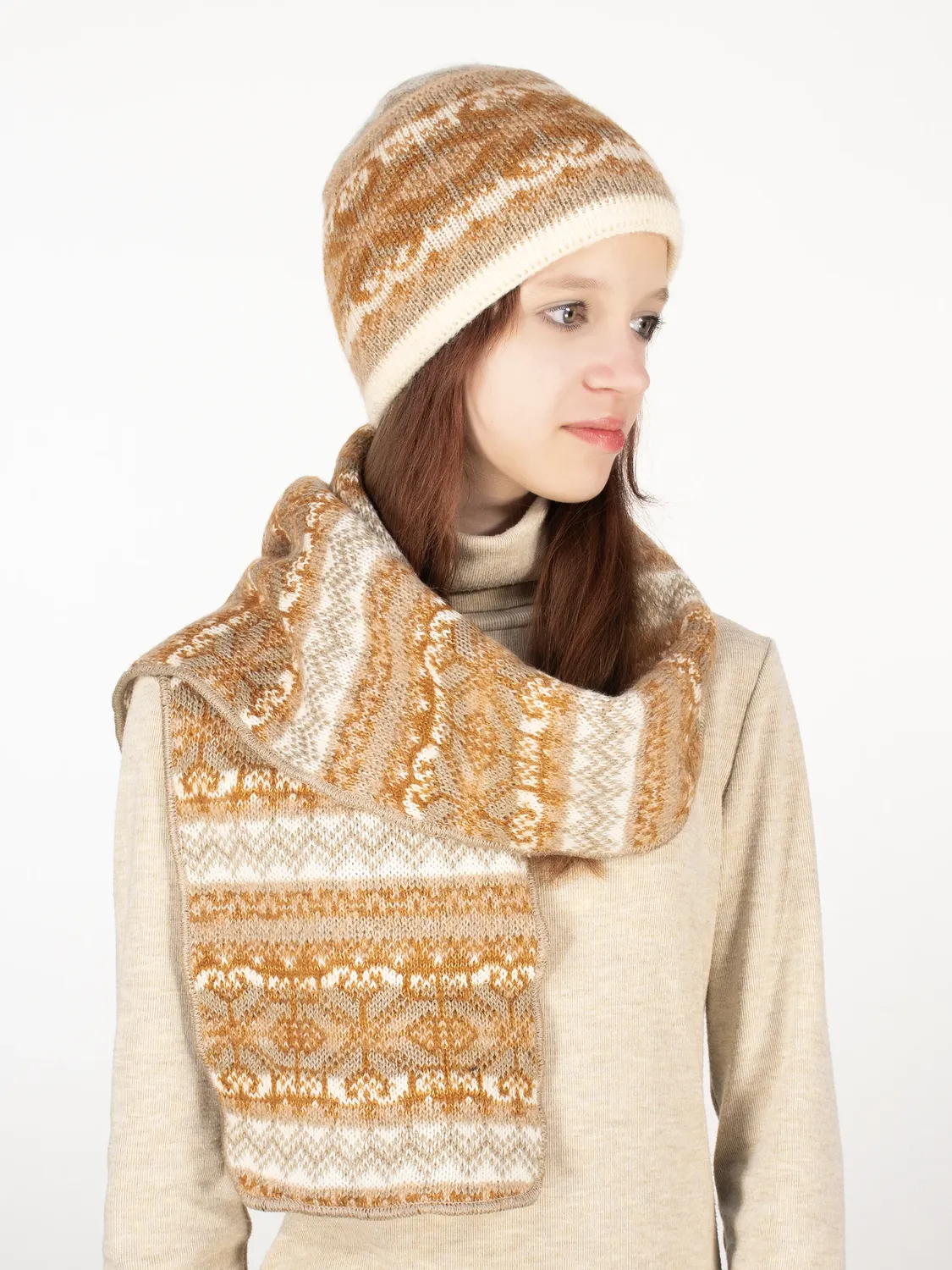 Комплект зимний женский шапка+шарф Марселан (Цвет бежевый), размер 54-56, шерсть 50%, мохер 30%