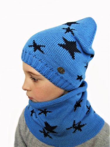 Комплект весна-осень для мальчика шапка+снуд Звезды (Цвет голубой/черные звезды), размер 52-54; 54-56