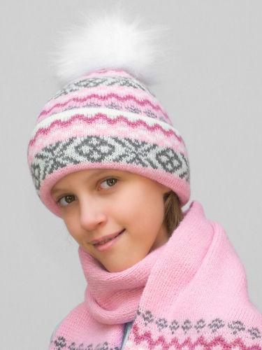 Комплект зимний для девочки шапка+шарф Ульяна (Цвет розовый), размер 54-56, шерсть 70%