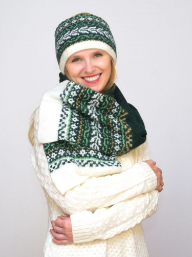 Комплект зимний женский повязка+шарф Узоры (Цвет зеленый), размер 56-58, шерсть 70%