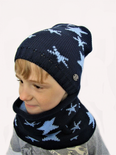 Комплект весна-осень для мальчика шапка+снуд Звезды (Цвет темно синий/светло-голубые звезды, размер 50-52