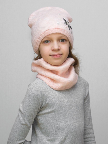 Комплект весна-осень для девочки шапка+снуд Елена (Цвет светло-розовый), размер 52-54, шерсть 30%