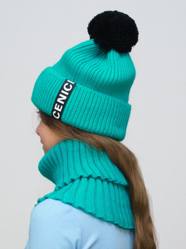 Комплект весна-осень для девочки шапка+снуд Айс (Цвет морская волна), размер 56-58, шерсть 30%