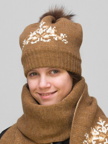 Комплект зимний для девочки шапка+шарф Снежинка (Цвет светло-коричневый), размер 52-54, шерсть 70%