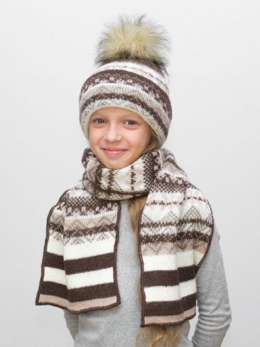 Комплект зимний для девочки шапка+шарф Ульяна (Цвет коричневый), размер 54-56, шерсть 70%
