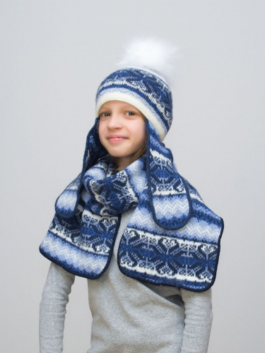 Комплект зимний для девочки шапка+шарф Мурзилка (Цвет синий), размер 52-54, шерсть 50% , мохер 30%