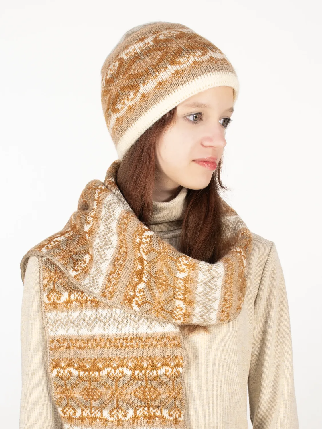 Комплект зимний женский шапка+шарф Марселан (Цвет бежевый), размер 54-56, шерсть 50%, мохер 30%