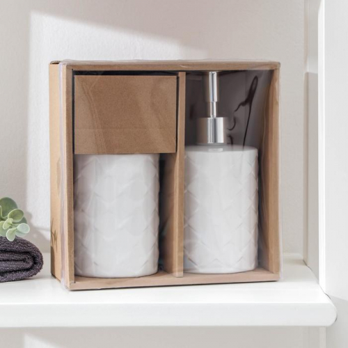 Набор аксессуаров для ванной комнаты «Ромбы», 2 предмета (дозатор для мыла, стакан), цвет белый