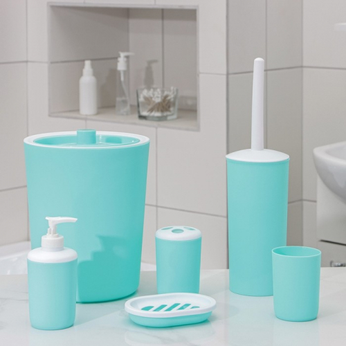 Набор аксессуаров для ванной комнаты «Лайт», 6 предметов (мыльница, дозатор, 2 стакана, ёрш, ведро), цвет бирюзовый