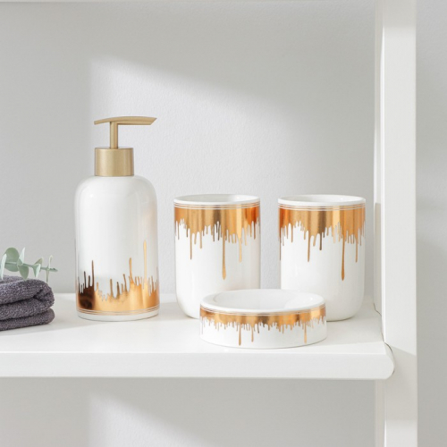 Набор аксессуаров для ванной комнаты «Золотой взрыв», 4 предмета (мыльница, дозатор для мыла, 2 стакана), цвет белый