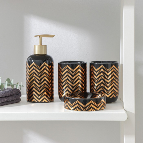 Набор аксессуаров для ванной комнаты «Золотой бум», 4 предмета (мыльница, дозатор для мыла, 2 стакана), цвет чёрный