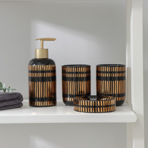 Набор аксессуаров для ванной комнаты «Золотой ром», 4 предмета (мыльница, дозатор для мыла, 2 стакана), цвет чёрный