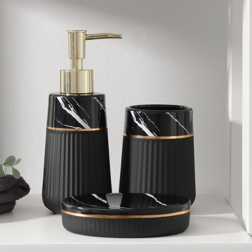 Набор аксессуаров для ванной комнаты SAVANNA Grace, 3 предмета (дозатор для мыла 290 мл, стакан, мыльница), цвет чёрный мрамор