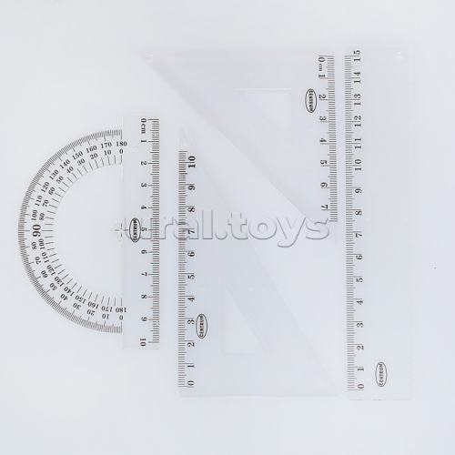 Набор линеек: линейка 15см, транспортир, 2 треугольника в инд упак. с подвесом.