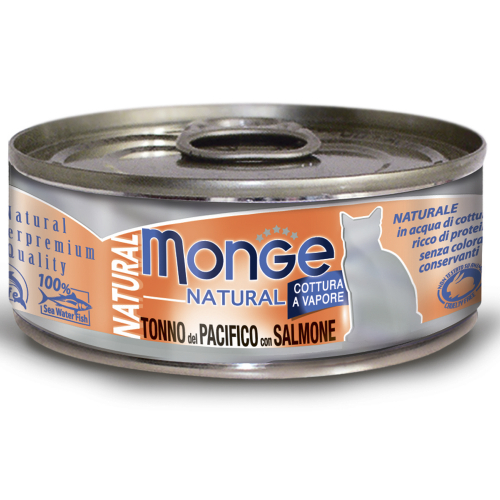 Mon**ge консервы для кошек тихоокеанский тунец с лососем 80г