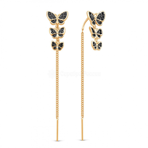 Серьги-продёвки длинные из золочёного серебра с натуральной шпинелью и родированием - Бабочки