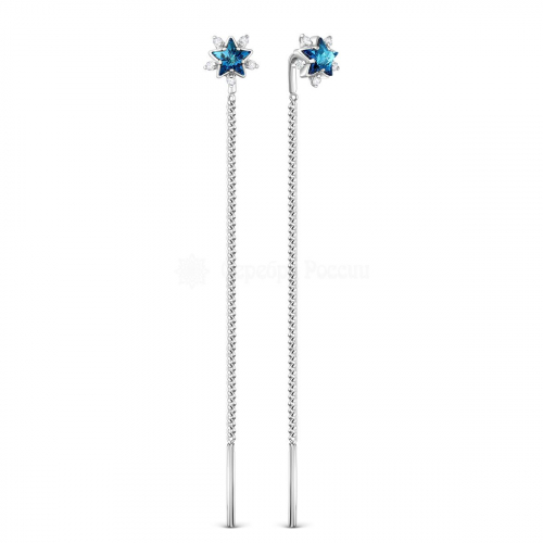 Серьги-продёвки длинные из серебра с кристаллами премиум Австрия цв. бермудский синий родированные